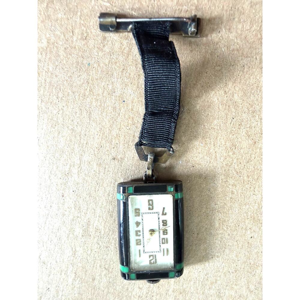 Art Deco Nurse's Fob Pendant Watch Black Green Champleve Enameling Swiss